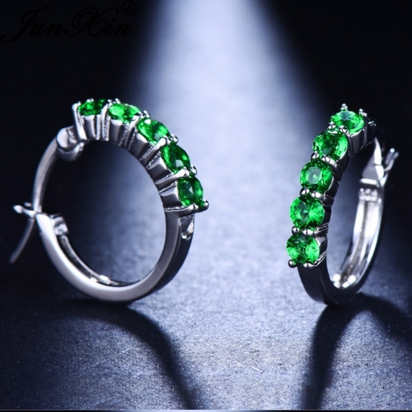 Jewelry - Silver Tone Green Cubic Zirconia Hoop Earrin…